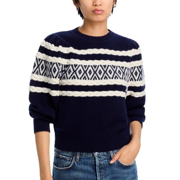 Aqua Sweaters - Aqua Cashmere Fair Isle Cable Knit Crew Neck Sweater Size XL Dark Green